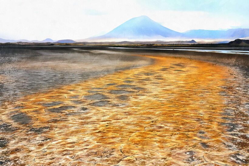 Colorful landscape painting of Lake Natron Africa